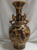 Satsuma stílusú füles, gésa jelenetes, nagy méretű ovális testű dísz váza - 36 cm