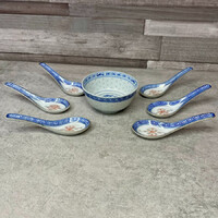 Kínai rizsszem mintás porcelán tányér kanalakkal