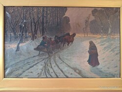 Gálffy Béla: Téli utazás (Lovas szán a faluszélen) Nagymérteben
