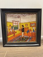 Vintage modernista enteriőr jelenet – naiv expresszionista olajfestmény, karakteres színvilággal
