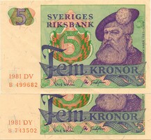 Svédország 5 svéd Korona, 2 db egyben