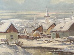 TÉLI TÁJKÉP, FALUSI UTCAKÉP PATAKKAL, SOOS JELZÉSŰ OLAJ VÁSZON FESTMÉNY, BLONDEL KERETBEN 80 x 60 CM
