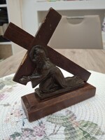 Antik Vallási Bronz Szobor – Keresztet Hordozó Jézus (1910-20-as évek)