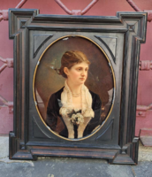 RITKA KROMOTÍPIA nagy méretű antik női portré eredeti színes fénykép 1870-es évek szignált fotó
