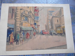 Sárközy Zoltán  1910.- 1954 akvarel-Városkép. Mérete 48 cmX 36 cm