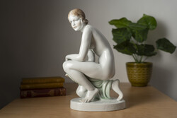 Régi Nagyméretű Herendi Lux Elek Porcelán Női Akt Szobor / Retró