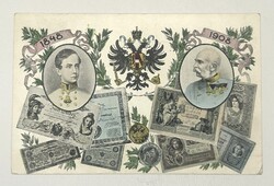 Ferenc József uralkodásának jubilema 1848 - 1908 - Gulden és korona bankjegyek képeslapon