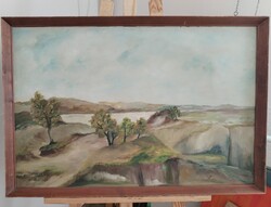 (K) Nagy I. szignóval "Elhagyott kavicsbánya" tájkép festmény 78x53 cm kerettel