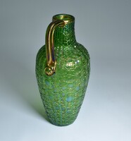 Loetz Witwe „Crete Chine” szecessziós irizáló művészüveg váza – circa 1900–1910 – aranyozott füllel,
