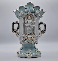 Ritka olasz áhítatos kerámia váza „Cristo Redentore” – 1920–1930, házi oltárdísz, aranyozott polikró