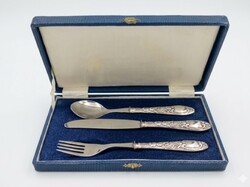 Ritka Portugál .835 Ezüst Gyermek / Keresztelő Evőeszköz Készlet Dobozában ,1970-1980-as évek