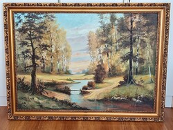 Mihályi Balogh olaj vászon erdei tájkép kanyargó patakkal 70x100 kerettel