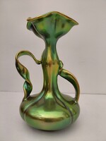 GYÖNYÖRŰ! Zsolnay eozin porcelán szalagfüles váza, különleges irizáló máz, hibátlan