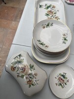 Retró Hollóházi porcelán süteményes készlet – ritka virágmintás dekor – 70-es évek