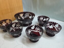 T3384 Ajkai bordó kristály kompótos szett 1+5 db 20x10 és 11x8 cm