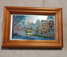Norman Olley - Téli idill vízimalommal (Vintage fémfólia kép / Foil art, 20x14 cm)