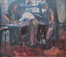 127x106cm! Mazsaroff Miklós (1929 - 1997) LemezvágóK Szocreál !! Eredeti Garanciával!