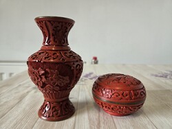 Kínai faragott cinóber lakk váza és ékszertartó egyben
