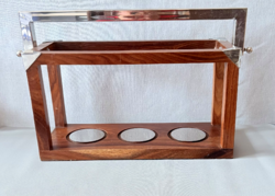 Prémium Mid-Century Modern tömör rózsafa (Palisander) üveg / palacktartó kosár króm részekkel!