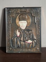 Antik orosz ortodox Szent Miklós ikon fém okladdal (22x18 cm)