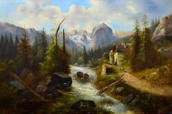 Eduard Boehm /Böhm/ (1830 – 1890) ALPESI TÁJ HEGYI PATAKKAL ÉS MALOMMAL