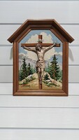Jézus a kereszten – 3D hatású Jézus gobelin fali kép egyedi fa keretben (31x38 cm)