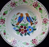 Antik madaras kőedény tányér - repedéssel - 23 cm