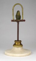 1L349 Antik papagáj festett színezett bécsi bronz szobor márvány talapzaton 20.5 cm
