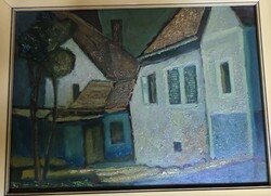 Menyhárt József: Kisvárosi házak (olaj, farost, 30x40). Eredeti!