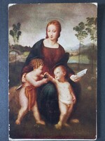 Antik művészi vallási témájú képeslap Madonna Jézussal és Szt. Jánossal