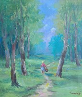 AKCIÓ! 70 x 60 CM OLAJ-VÁSZON: ERDEI SÉTA - "SOMOGYI" - Derűs tájkép fákkal