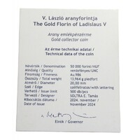 Magyarország,50000 forint 2024 - V. László aranyforintja - Arany - Piedoft Certifikáció