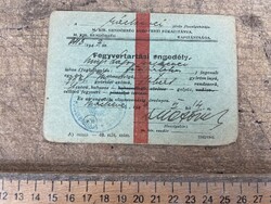 -AX479- Régi fegyvertartási engedély 1944 Horthy pisztoly okmánybélyeg pecsét militária irat lap