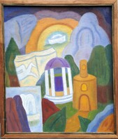 Zombory Zoltán (1941-2020) : Montázsos táj, 90x76 cm.