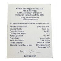 Magyarország,5000 forint 2015 PP - Vizsolyi Biblia - Arany - Certifikáció