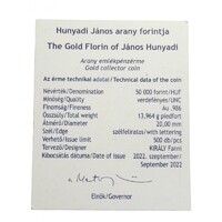 Magyarország,50000 forint 2022 - Hunyadi János aranyforintja - Arany - Piedfort - Certifikáció