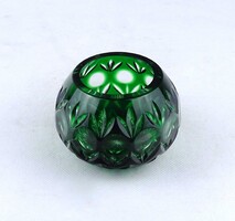 2A433 Régi sötétzöld csiszolt kristály gömbváza 6.5 x 10 cm