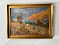 Szalatnyay József (1915-1994) Esti fény a visegrádi Dunánál a nagymarosi dombról