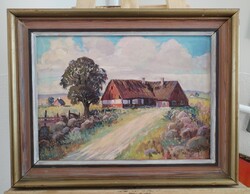 Szignózott tájkép festmény tanyával 48x38 cm kerettel
