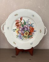 Antik vintage színes virágos nagy méretű füles Drasche porcelán kínáló tál