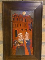 Oskóné Bódi Klára tűzzománc kép, képcsarnokos 14,5x28 cm