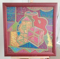 Kozma István remek csendélet festménye 70x70 cm kerettel
