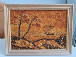 Kézműves balti borostyán mozaikkép (14,5x20,5cm keret nélkül), kifogástalan állapotban