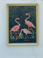 Vintage flamingós kézzel varrott textilkép – mid century modern falikép az 1970-es évekből!