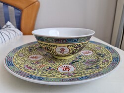 Vintage kínai "Mun Shou" sárga porcelán tálka alátéttel (Jingdezhen, 1970-es évekből) tál 22,5cm