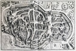 Svájc, St. Gallen térképe, látképe a XVII. század közepén, antik rézkarc ritkaság 1642-ből
