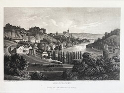 Schaffhausen, the antique view of the Swiss fortress of watchmaking - steel engraving from 1865