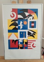 Szignózott kvalitásos geometrikus absztrakt litográfia,nyomat 39x56 cm kerettel