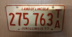 Régi USA rendszám rendszámtábla 1977-ből 275 763 TA Illinois Land of Lincoln
