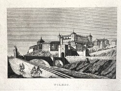 Spanyolország, Toledo városáról készített antik fametszet ritkaság az 1830-as évekből